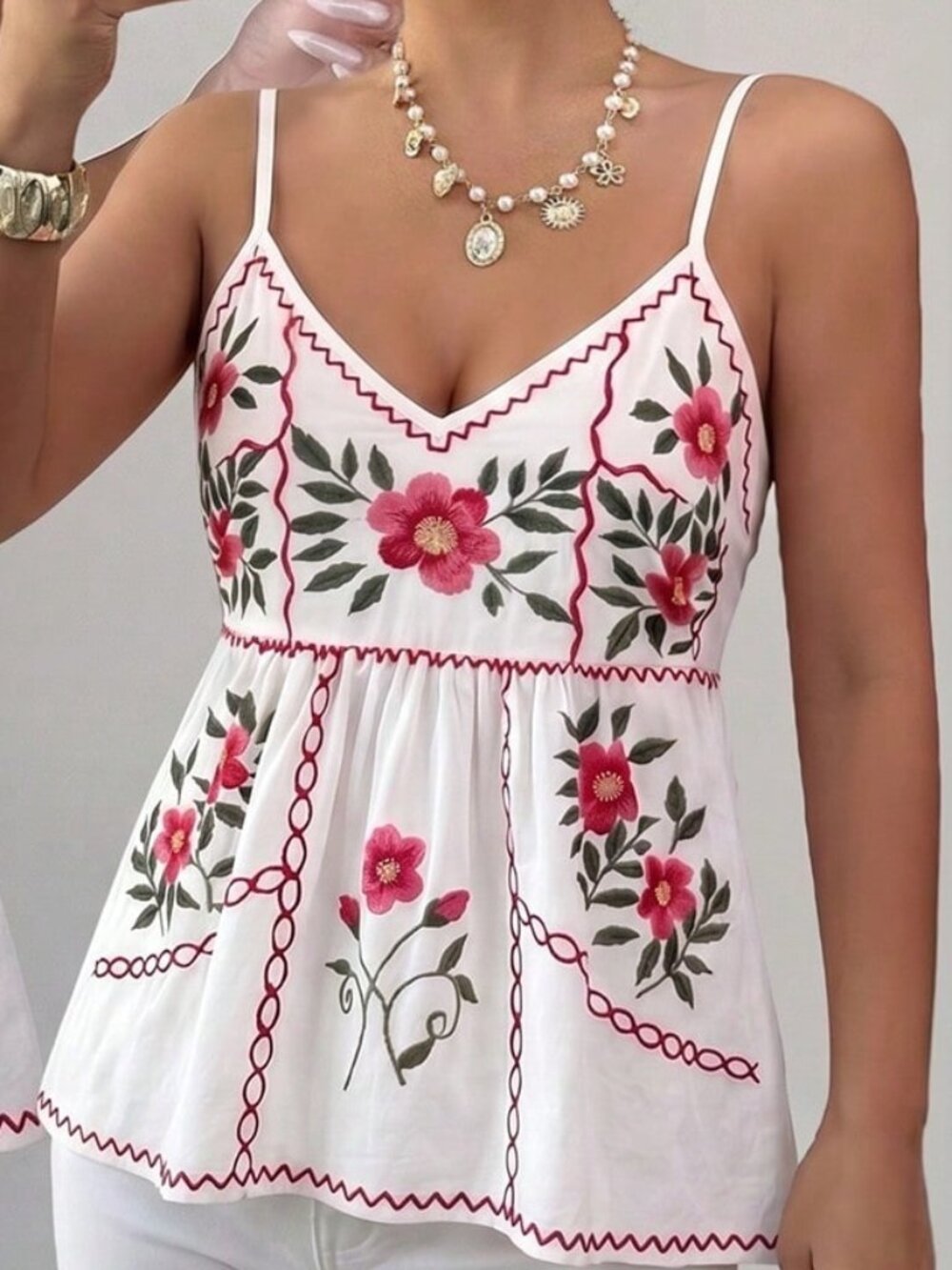 White Boho Women's Floral Embroidery Print Spaghetti Strap A-Line Dress